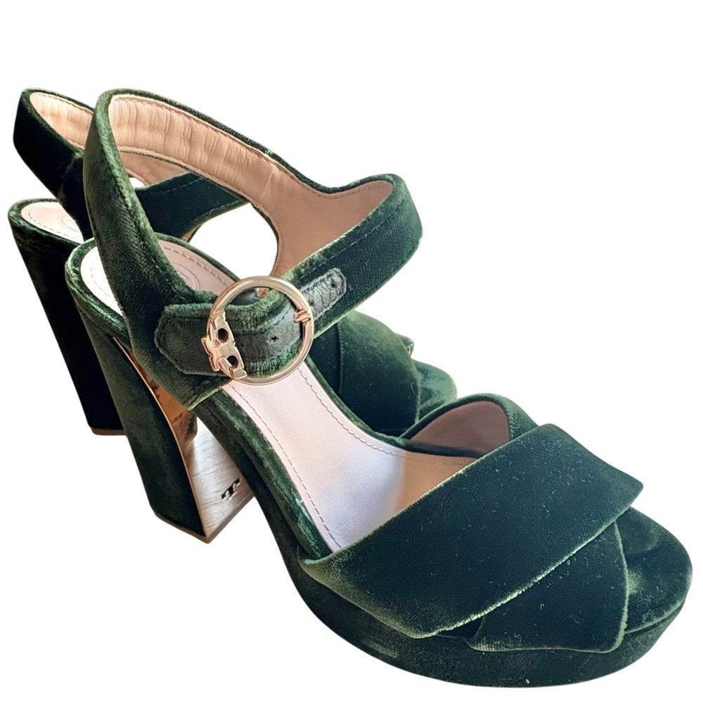 $398 TORY BURCH Loretta Banana Leaf Green Velvet Platform Block Heels SZ 6 EUC‎